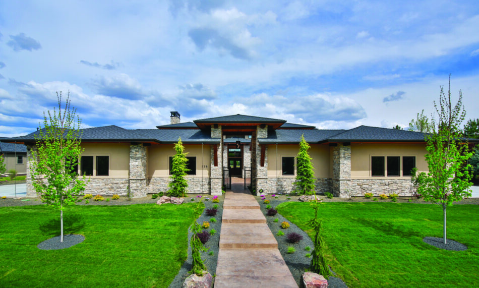 Exterior of a house finished with stone veneer low walls and columns with green grass yard and landscaping.