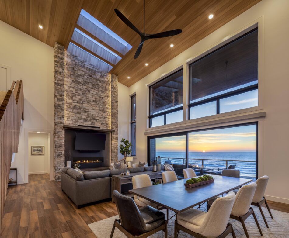 Stone Fireplace with Window Walls